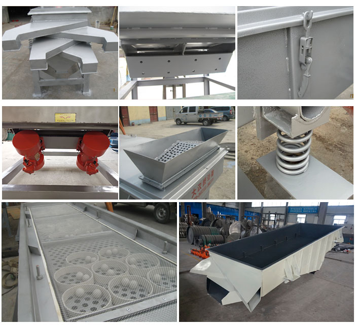 多層直線振動篩由進料口,底座,振動電機,篩網,篩框,彈簧,出料口等組成。