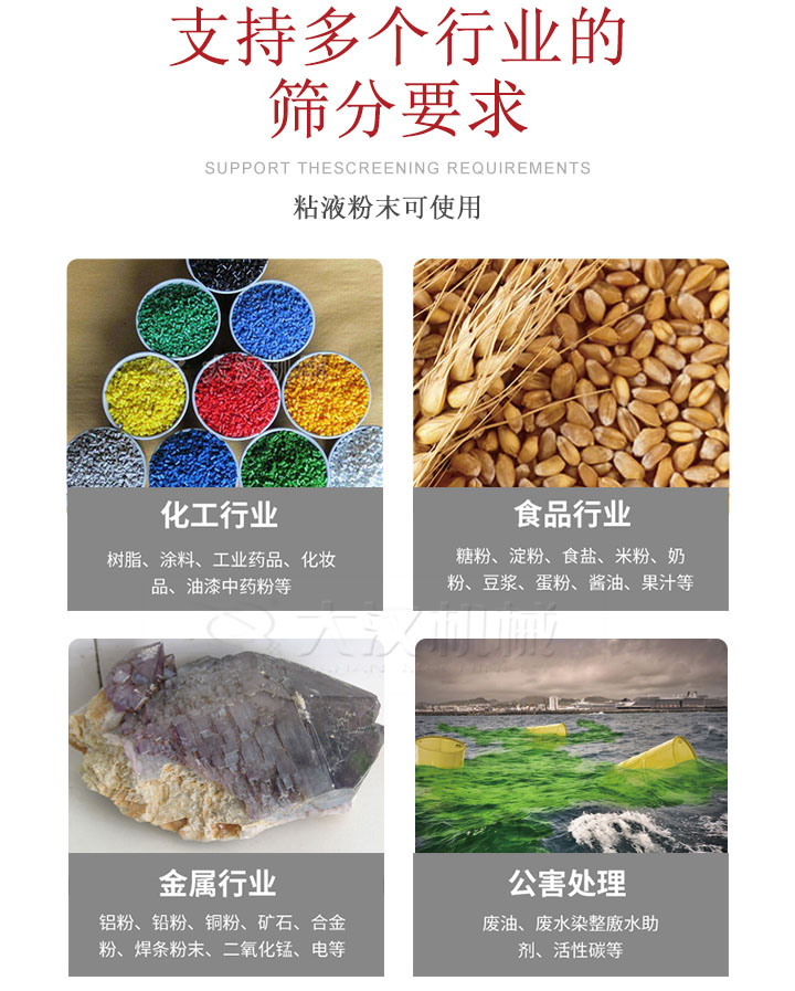 適用于化工行業(yè),食品行業(yè),金屬行業(yè),以及公害處理等行業(yè)。化工行業(yè):樹(shù)脂,涂料,工業(yè)藥品,化妝品,油漆,中藥粉等;食品行業(yè):糖粉,淀粉,食用鹽,米粉,奶粉,豆?jié){,蛋粉,醬油,果汁等;金屬行業(yè):鋁粉,鉛粉,銅粉,礦石,合金粉,焊條粉末,二氧化錳,電等。公害處理:廢油,廢水染整廒水助劑,活性炭等。超聲波振動(dòng)篩支持挑選定制常見(jiàn)的有:不銹鋼,碳鋼,全不銹鋼三種規(guī)格。不銹鋼:耐腐蝕,耐高溫適合化工行業(yè),碳鋼:鋼性強(qiáng),硬度高經(jīng)久耐用,全不銹鋼:機(jī)身經(jīng)久耐用不易生銹不易腐蝕超聲波振動(dòng)篩共有一到四層可供選擇。大漢超聲波振動(dòng)篩優(yōu)勢(shì):篩分效率高,篩分精度高,產(chǎn)量可提高0.5-10倍適用于:大米,米粉,綠豆,小米等。輕松解決堵網(wǎng)問(wèn)題適用10目-635目之間的物料。