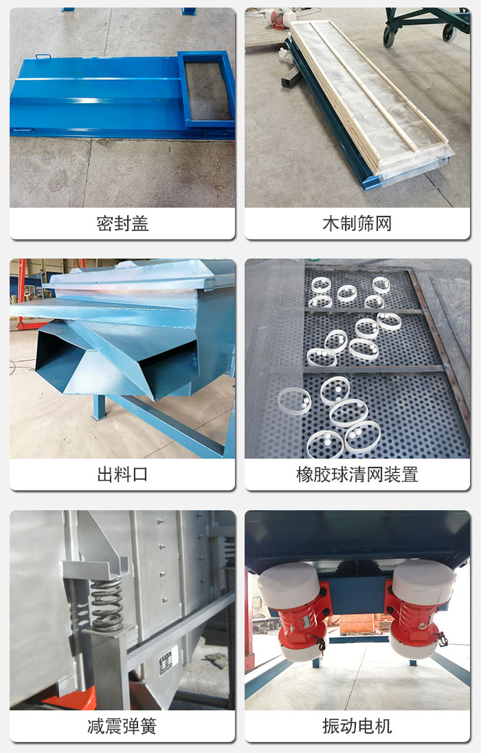 直線篩結構展示：篩網，篩箱，振動電機，振動電機座，減震彈簧，支架等部件展示圖