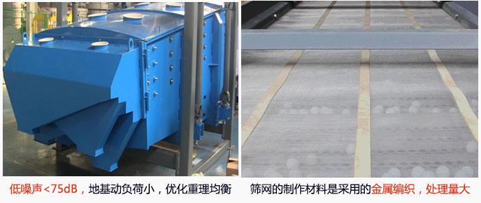 方形搖擺篩采用低噪聲<75dB，地基動負荷小，優化重理均衡；篩網的制作材料是采用的金屬編織，處理量大。