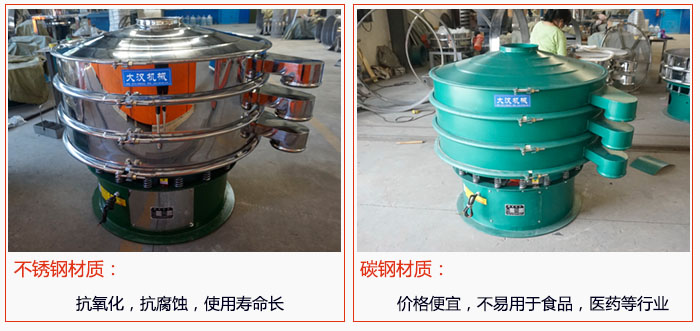 800型振動篩有不銹鋼和碳鋼兩種材質，不銹鋼材質：抗氧化，抗腐蝕，使用壽命長 碳鋼材質：價格便宜，不易篩分食品，化工，醫藥等行業的物料。