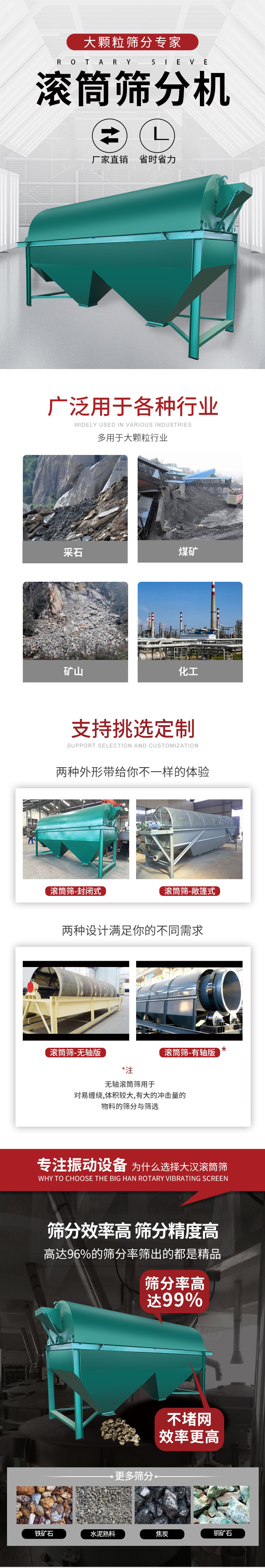 滾筒篩分機大顆粒篩分專家：廠家直銷，省時省力。滾筒篩被廣泛應用各種行業：多用于大顆粒行業例如：采石，煤礦，礦山，化工等。滾筒篩定制類型有哪些：封閉式與敞篷式產品結構分為：無軸式，有軸式兩種，無軸滾筒篩用于對纏繞，體積較大，有大的沖擊量的物料的篩分與篩選。滾筒篩篩分效率高篩分精度能夠達到：96%也比較適用于鐵礦石，水泥熟料，焦炭，銅礦石。滾筒篩特點：不飛粉末：密封隔離罩，密封性好，工作過程不會出現飛粉現象。外型尺寸是按筒體長計