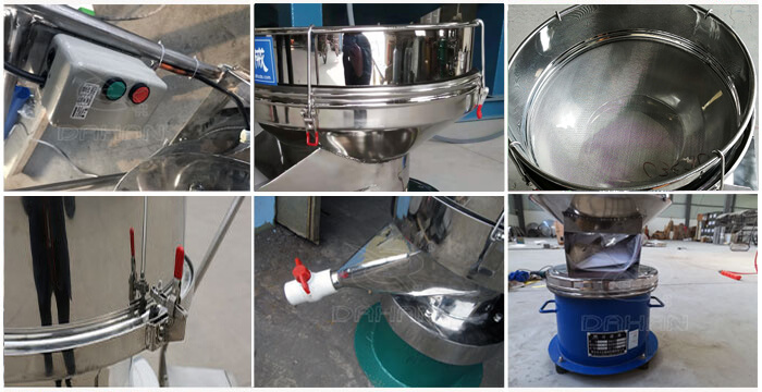 過濾篩細節(jié)展示:控制開關(guān),篩框,出料口閥門,底座等